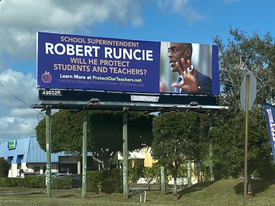 The Broward Teachers Union set up billboard questioning Broward County Public Schools superintendent Robert Runcie's leadership throughout the coronavirus pandemic. The poster asks: "Will he protect students and teachers?"