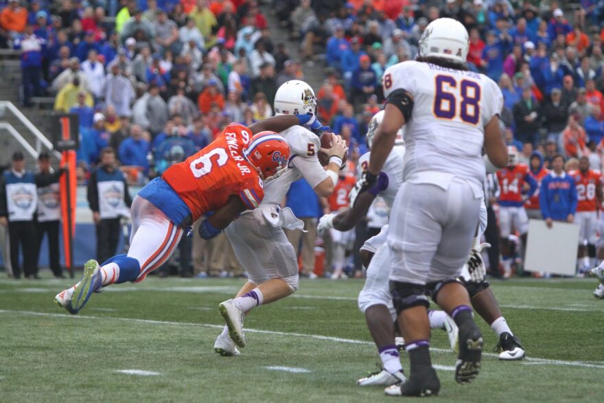 Dante Fowler (6) during the Gators' January 2015 game against East Carolina University in the Birmingham Bowl. Now playing for the Jaguars, Fowler has more 15-yard penalties this season than sacks. (File/WUFT News)