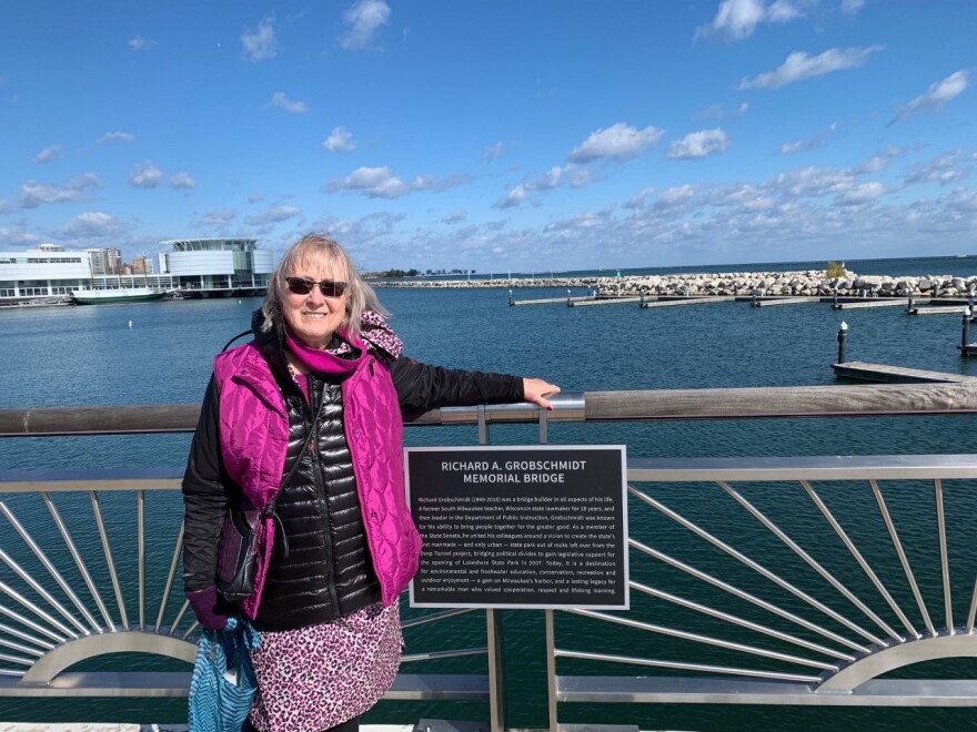 After a four year effort Barb Grobschmidt is thrilled her husband Rick's legacy is memorialized on the pedestrian bridge within Lakeshore State Park in downtown Milwaukee.