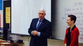 Gov. Mike Pence talks to a class at Arlington High School in Indianapolis, Thursday Jan. 22, 2015.
