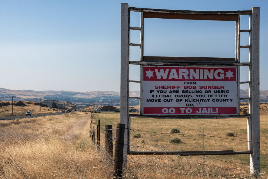 A sign along Highway 197 warns drivers in Klickitat County, Washington that anyone selling or using drugs in the county will go to jail.