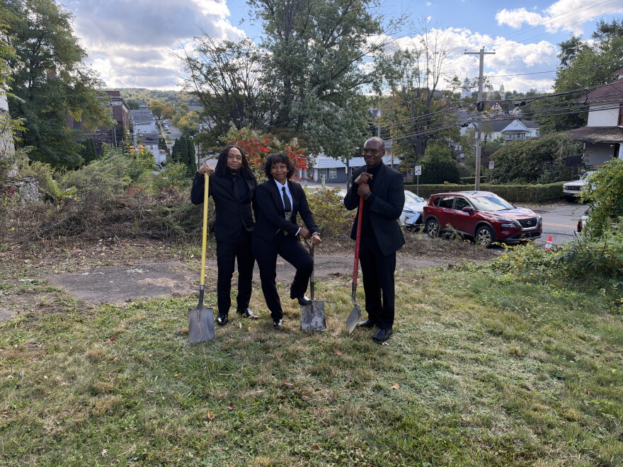 Curtis Wiltshire, left, COO of the Afree Foundation, Rashida Lovely, CEO of the Afree Foundation; and Damario Bonner, executive director of Nepa Pac, ceremonially break ground on the Welby Court Project in South Scranton.