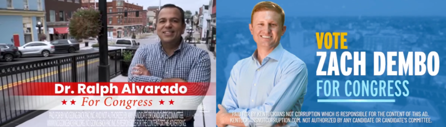 Screenshots of PAC ads supporting Democrat Zach Dembo and Republican Ralph Alvarado in central Kentucky's 6th Congressional District race.