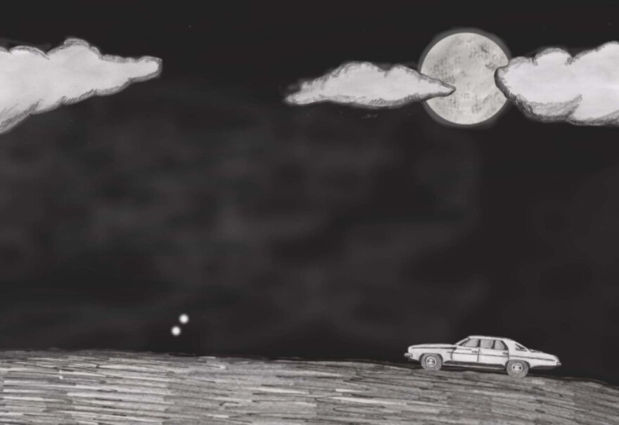 illustration of a car approaching the spook lights, beneath a full moon