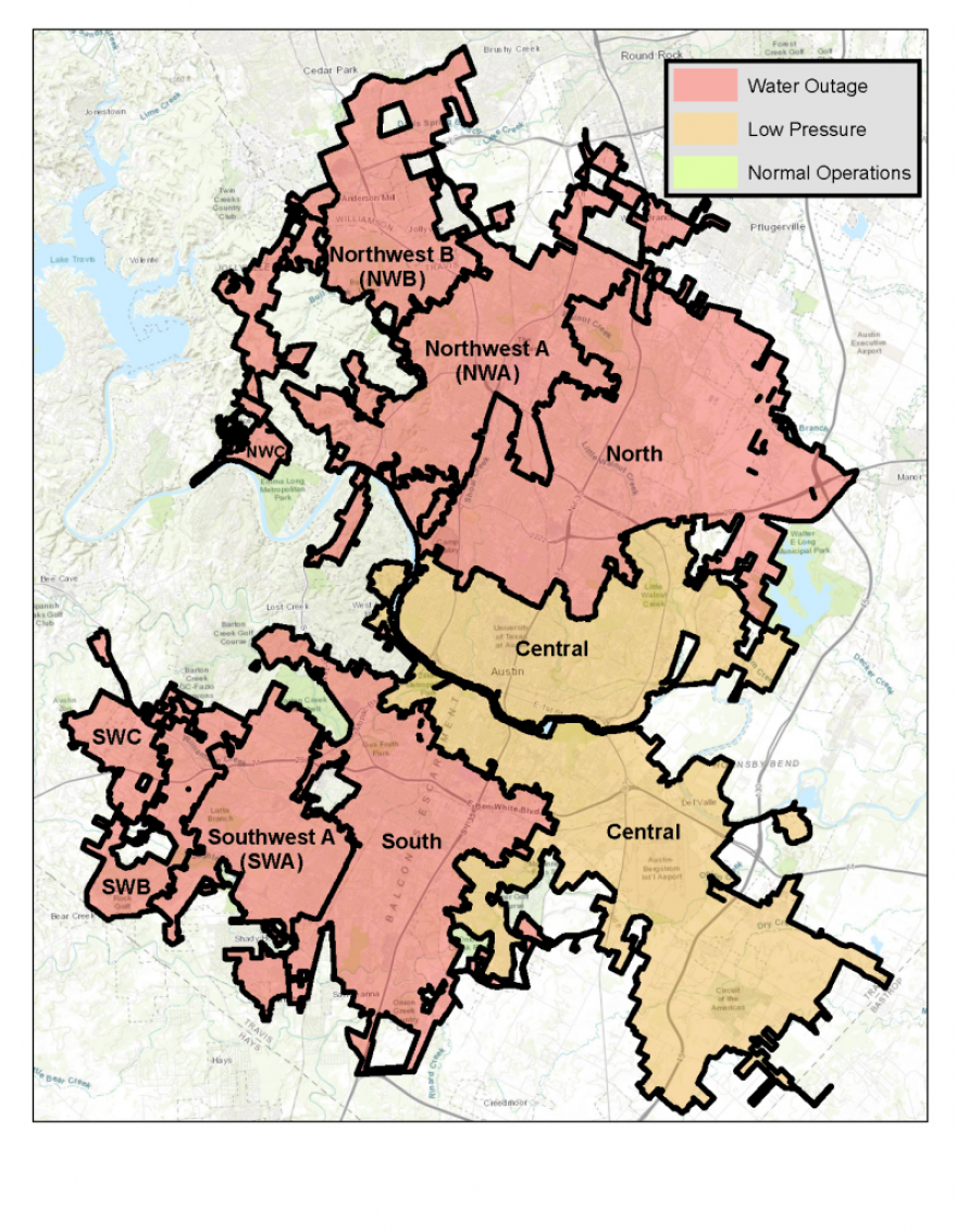 An Austin Water map showing water pressure and outage levels as of Friday morning. Everything outside of the city's Central Pressure Zone is shown as having a water outage.