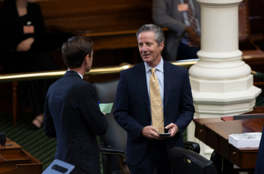 State Sen. Kelly Hancock, R-North Richland Hills, speaks with Sen. Mayes Middleton on March 25, 2025. Hancock, now the state comptroller, announced major changes to the state's Historically Underutilized Business program on Tuesday.