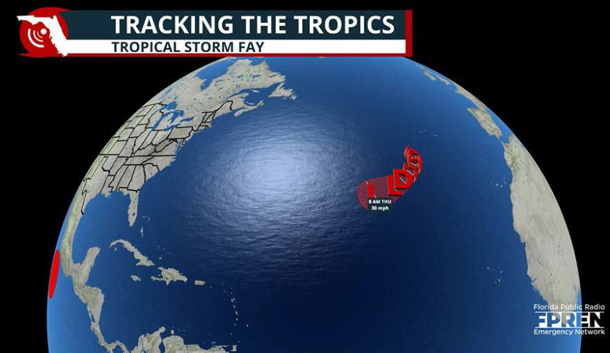 Tropical Storm Fay forecast cone over next 7 days.