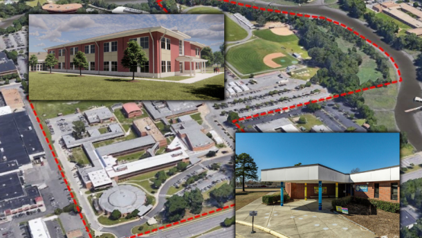 A rendering of Suffolk's Northern Shores Elementary addition (left) and Elephant's Fork Elementary (right) over Virginia Beach's Princess Anne High campus. Virginia grant money will help with construction projects for each.