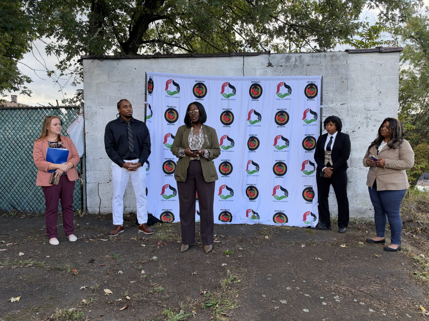 Luzerne County Councilwoman Dawn Simmons speaks at Monday's groundbreaking for the Welby Court Community & Resilience Affordable Housing Project in Scranton.