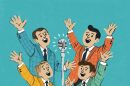 The graphic of "Forever Plaid" features animations of four men in different colored plaid blazers. 