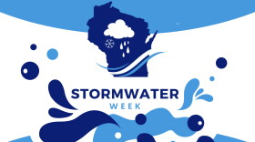 Blue shapes of water, plus one shaped like Wisconsin, on an ad for Stormwater week