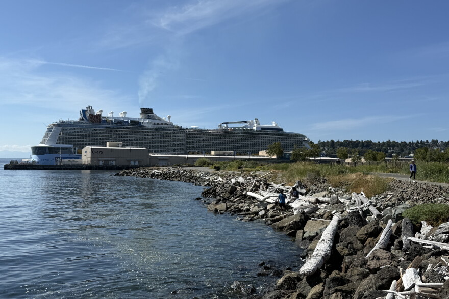 Royal Caribbean's Anthem of the Seas, a 1,140-foot cruise ship able to carry 4,900 passengers, is docked at the Port of Seattle's Smith Cove Cruise Terminal on Aug. 10, 2026.
