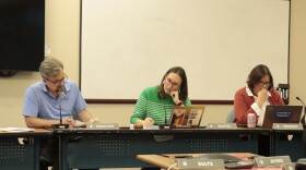 Anchorage Assembly chair Chris Constant, vice chair Meg Zaletel and West Anchorage member Anna Brawley during a special Assembly meeting on Nov. 26, 2024. (Wesley Early/Alaska Public Media)