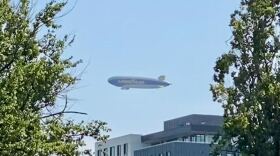 The Goodyear Blimp hovers over downtown Eugene, September 5, 2025. The blimp visited the area for an appearance at the Oregon Ducks vs. Oklahoma State football game at Autzen Stadium.