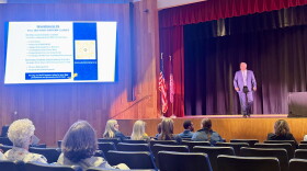 ETAMU president Dr. Mark Rudin addresses staff and faculty ahead of the fall 2026 semester from the stage of Ferguson Auditorium on the ETAMU campus.