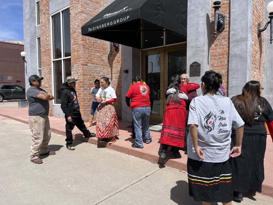 Friends and family of Ella Mae Begay gather outside of a Flagstaff courtroom on Fri, April 7, 2023 following the arraignment of Preston Henry Tolth. He pleaded not guilty to assault and carjacking in connection to the 2021 disappearance of Begay. His federal trial is set for May in Phoenix.