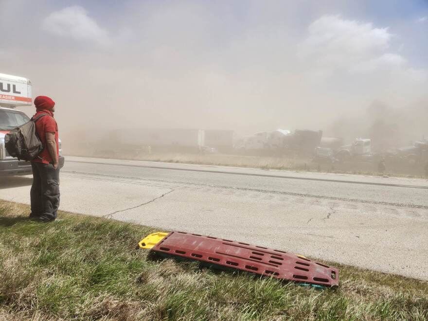 The scene of a 72 car pileup along Interstate 55, south of Springfield, May 1, 2023.