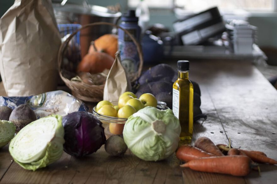 Montana produce sits on a table at the Reimagining School Lunch test kitchen on March 28th, 2021. The recipe testers use local ingredients like these to test recipes for potential school lunch meals.