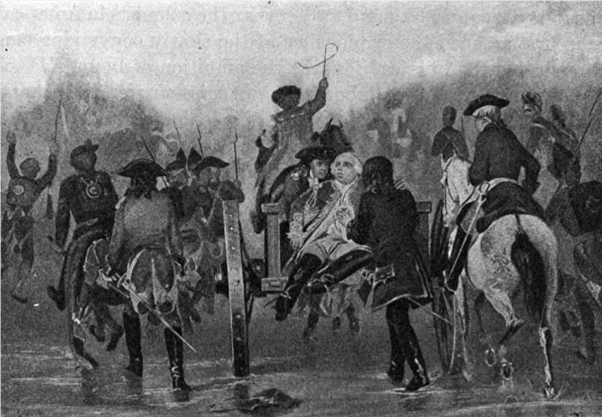 Illustration depicting Braddock's defeat, with braddock in a wagon being carried away.