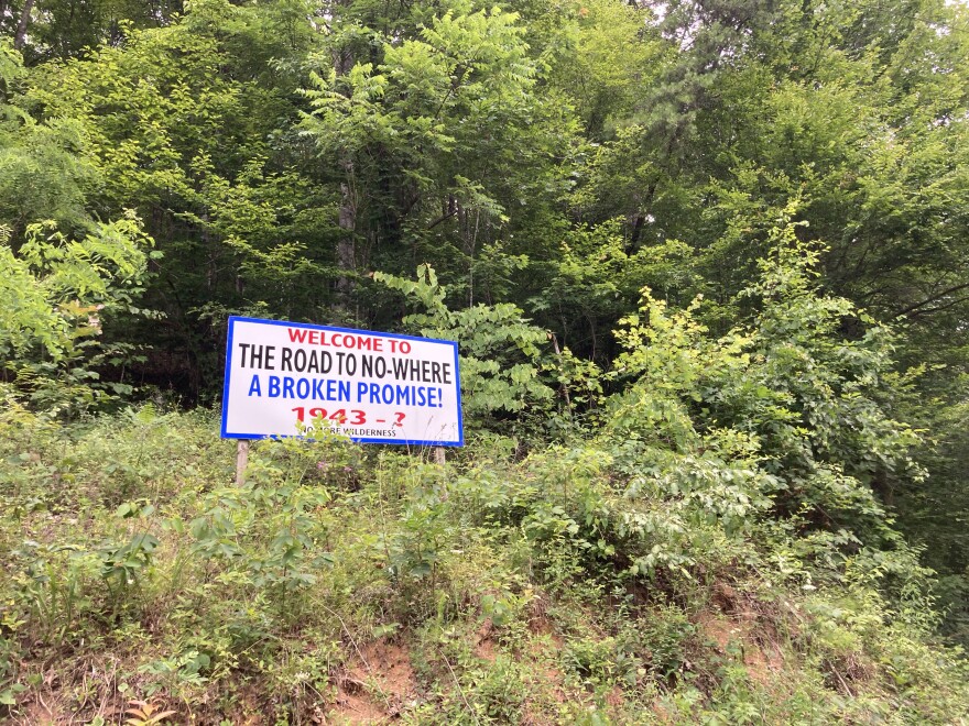 A sign criticizing the unfinished road project that led to the Road to Nowhere at the Great Smoky Mountains National Park.
