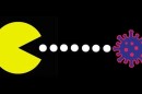 illustration shows a pac-man getting ready to eat a cartoonish germ on a black background