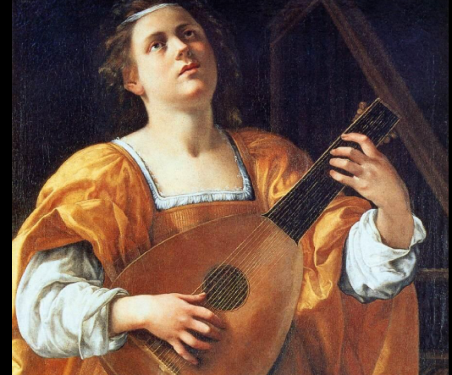 Baroque painting of St. Cecilia holding a lute against a dark background.