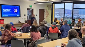 Jenny Demaris, Eugene Water & Electric Board's Emergency Management Specialist addresses a Pledge to Prepare audience at the Eugene YMCA on Jan. 14, 2026. In month three of Oregon Ready, KLCC's Love Cross invited Demaris to KLCC to answer your disaster preparedness questions.