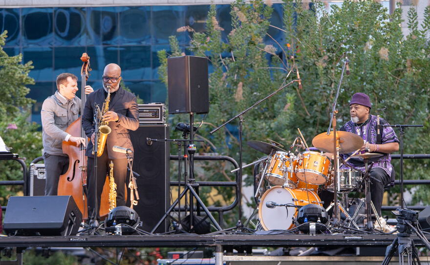 The Jaleel Shaw Trio (Alexander Claffy, Jaleel Shaw, Jeff "Tain" Watts) performing at A Love Park Supreme.