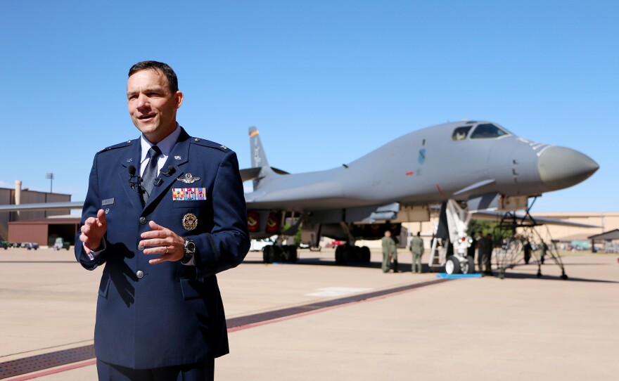 (Photo by Joy Bonala/KACU) Col. David Benson addresses the media before assuming command of the 7th Bomb Wing during the change of command ceremony Thursday, October 29, 2015 at Dyess Air Force Base. 