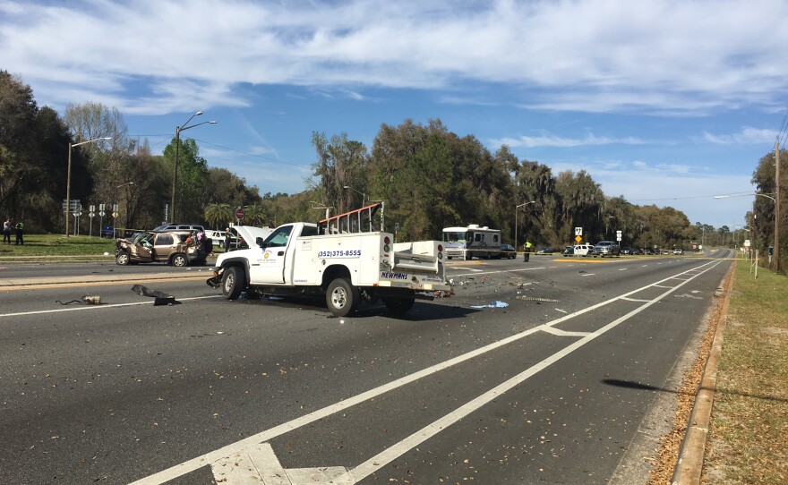 A white pickup truck was travelling westbound when it collided with a Honda. (Photo courtesy Gainesville Police Department)