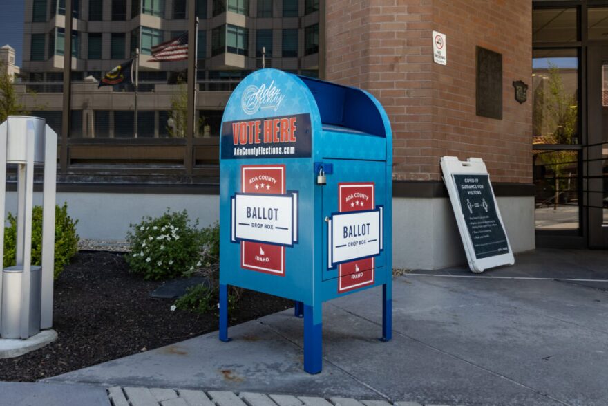 An early voting dropbox outside Boise City Hall on May 5, 2021. (Otto Kitsinger for Idaho Mountain Sun)