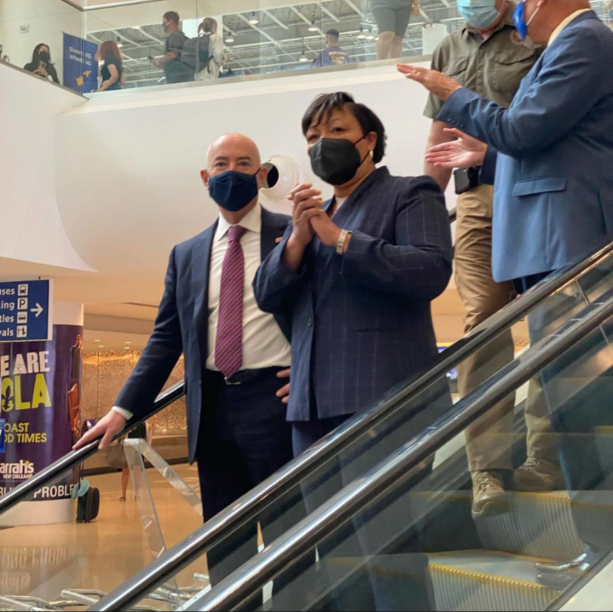 DHS Secretary Alejandro Mayorkas met with New Orleans Mayor LaToya Cantrell and other city officials at Louis Armstrong International Airport. June 29, 2021.