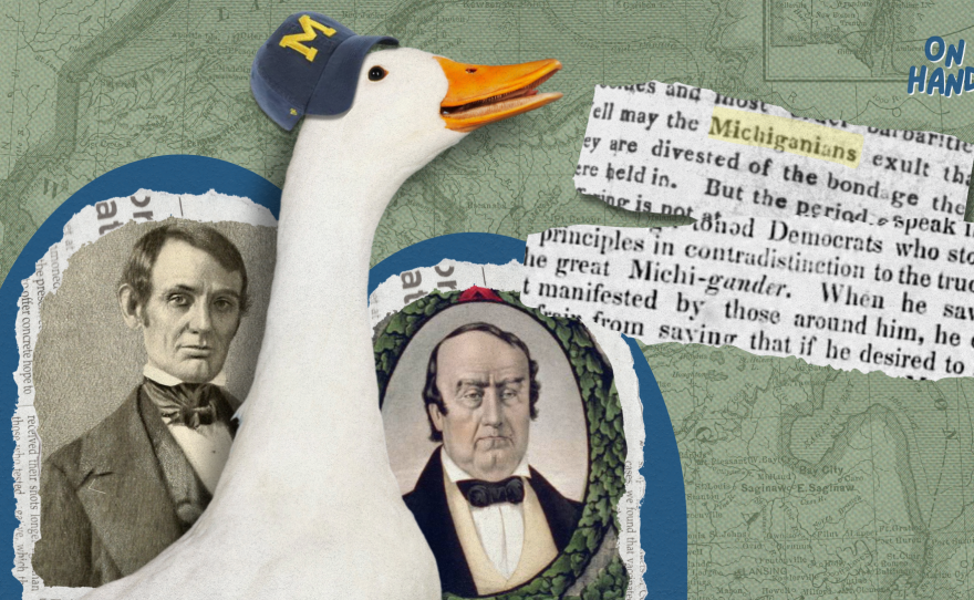 graphic showing images of abraham lincoln, lewis cass, and a goose wearing a Michigan hat