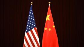 This photo shows a gerenal view of China's and USA's flags during a meeting between US Treasury Secretary Janet Yellen and China's Vice Premier He Lifeng at the Guangdong Zhudao Guest House in the southern Chinese city of Guangzhou, on April 5, 2024. (Pedro Pardo/AFP via Getty Images)