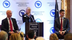 Greenville County Republican Women’s Club President Robin Duffie moderates the 4th Congressional District Republican primary forum between Congressman William Timmons (left) and state Rep. Adam Morgan at the Poinsett Club in Greenville on April 29, 2024. The primary is June 11th.