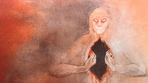 A drawing featuring an obscured face with brown and orange tones. Arms appear to open the figure's chest.