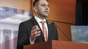 FILE - Rep. Gabe Vasquez, D-N.M., speaks during a news conference to announce the bipartisan Southwest Caucus, June 15, 2023, on Capitol Hill in Washington. (AP Photo/Mariam Zuhaib, File)