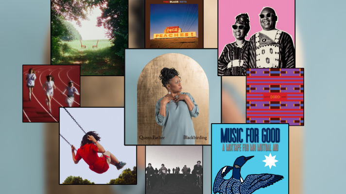 A collage of artwork for 5 albums and 4 singles over a blue hazy background. The middle artwork is the largest, a woman wearing a blue dress. In each corner are four smaller artworks: top left is two chairs in a field, top right is a woman and man with sunglasses and a pink background, bottom left is a person in a red dress swinging on a swingset, bottom right is a loon with a white star. There are four more even smaller artworks: top middle is a blue sky and sign that says "Peaches," middle left is three people running on a running track, middle right is a red, purple, maroon and orange pattern, bottom middle is a black and white photo of four people biking towards the camera. 