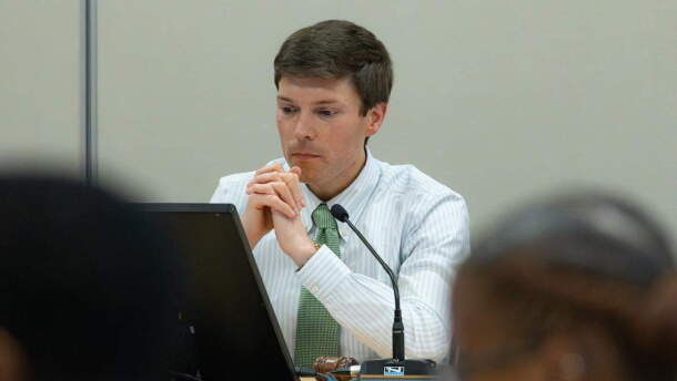 Chair of the Fayette County Board of Education, Tyler Murphy, during a Fayette County Board of Education meeting on April 16, 2026, in Lexington, Ky.