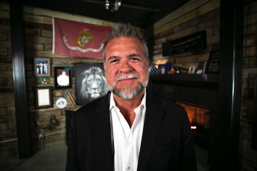 Colorado gubernatorial candidate Victor Marx stands in his Colorado Springs recording studio, on a property that houses his nonprofit's headquarters and combat training facilities. May 14, 2026.
