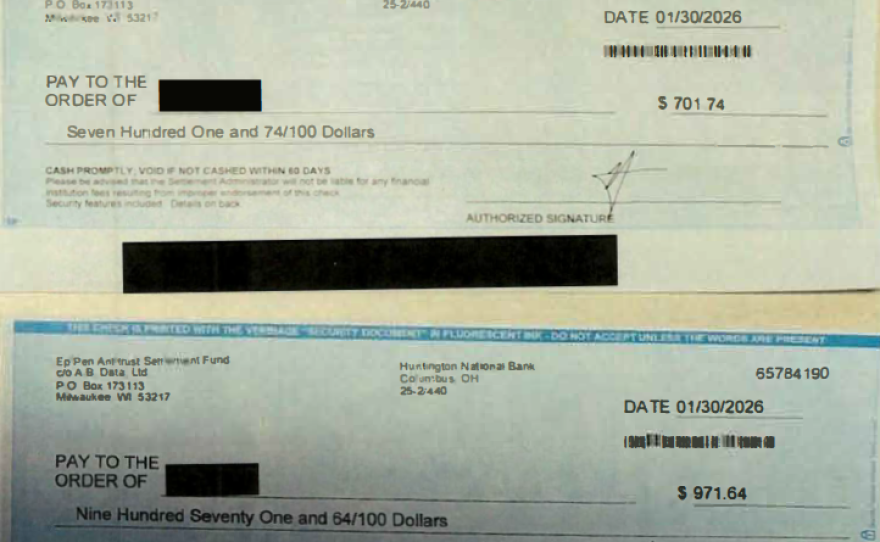 An FBI search of Philip DiGennaro house in Greece allegedly located multiple checks from the same class action settlements including three (pictured) from the EpiPen Antitrust Settlement Fund.