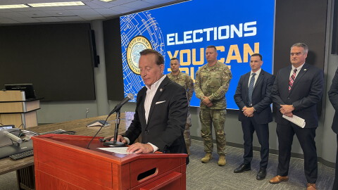 Iowa Secretary of State Paul Pate speaks during an election security briefing.