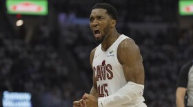 Cleveland Cavaliers guard Donovan Mitchell (45) reacts in the first half half in Game 1 of an NBA first-round playoff series against the Miami Heat, Sunday, April 20, 2025, in Cleveland. 