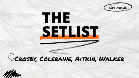 "The Setlist" and "Crosby, Coleraine, Aitkin, Walker" written over a crumpled paper background.