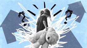 A child holding a stuffed animal surrounded by question marks and houses.