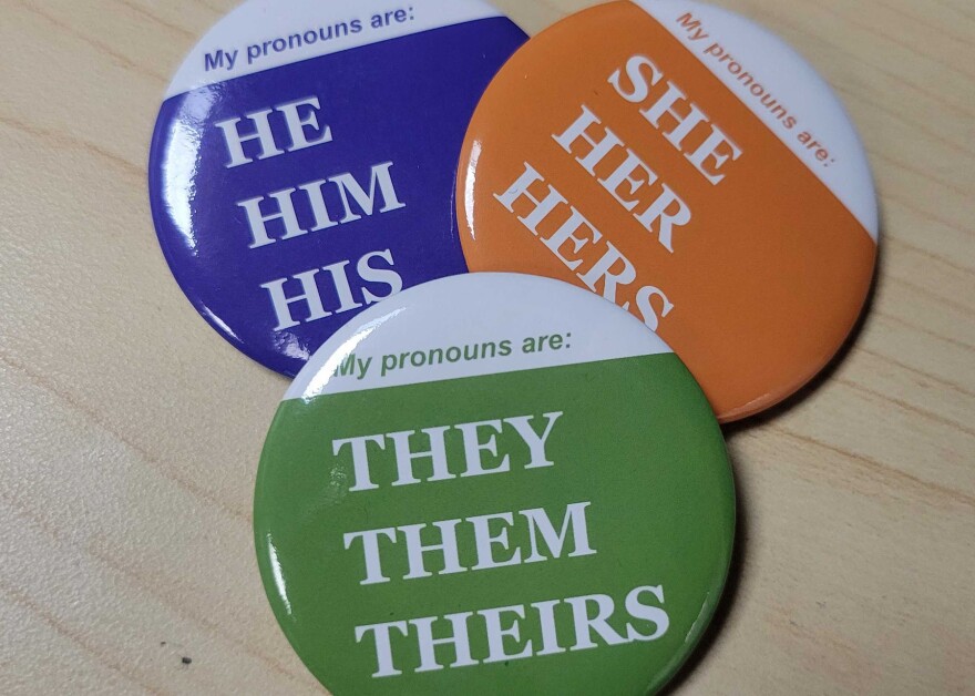 Buttons reading "My pronouns are:" and then "She her hers," "He him his" and "They, them, theirs"