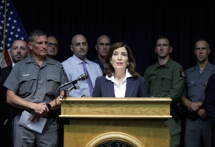 Gov. Kathy Hochul speaks during a news conference announcing that 9-year-old Charlotte Sena has been found safe.