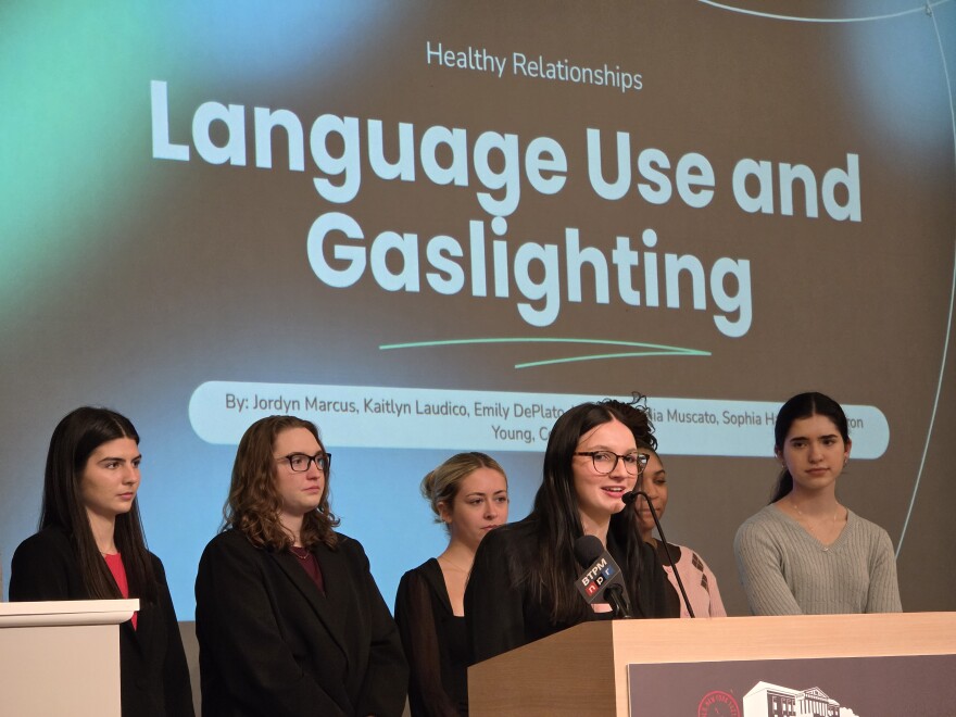 Students from Williamsville South High School present at the "Healthy Relationships" summit.