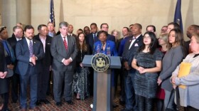 Senate Majority Leader-elect Andrea Stewart-Cousins speaks at a press conference with the newly configured Democratic conference.