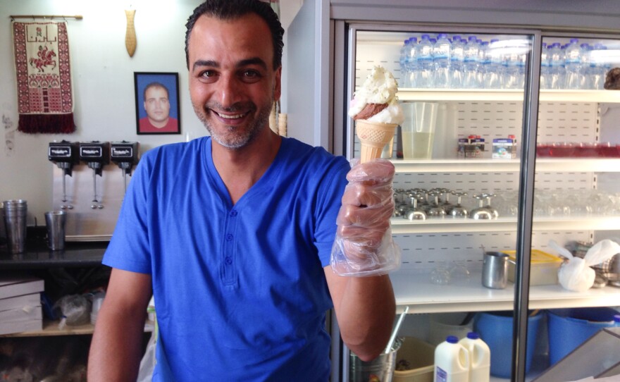 Baladna co-owner Imad Mimseeh offers what he calls the Ramallah way to eat ice cream. Six flavors of stretchy ice cream on one cone: pistachio, Arabic gum, chocolate, pineapple, lemon, strawberry.